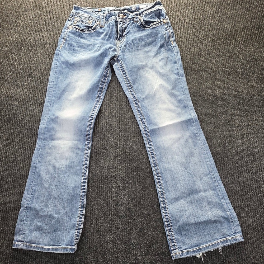 Miss Me Bootcut Jeans Womens 31 Blue Good Fleur De Lis Embroidered Studded Y2K - Picture 11 of 16